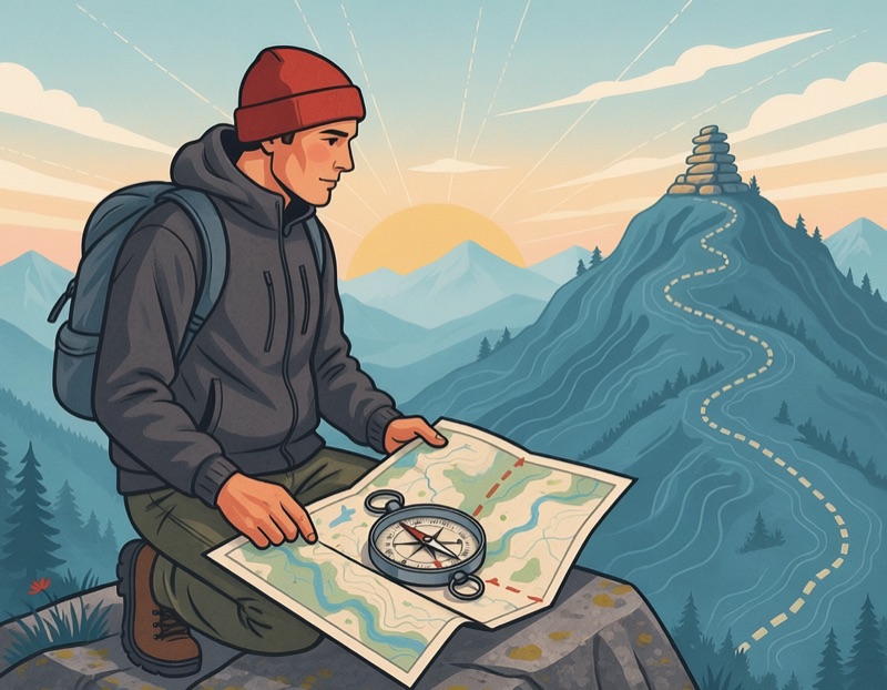 Hiker reading a map and compass